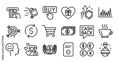 Buying, Push cart and Market sale line icons set. Secure shield and Money currency exchange. Laureate award, Target and Romantic gift icons. Credit card, Coffee and Couple signs. Vector