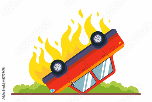 a burning overturned passenger car crashed. flat vector illustration.