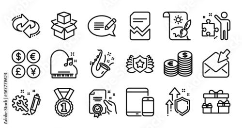 Corrupted file, Certificate and Surprise boxes line icons set. Secure shield and Money currency exchange. Refresh, Strategy and Piano icons. Vector