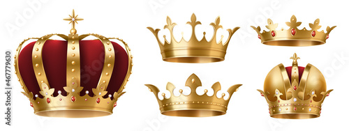 Realistic gold crowns set. Crowning headdress for king, queen. Royal golden noble aristocrat jewels