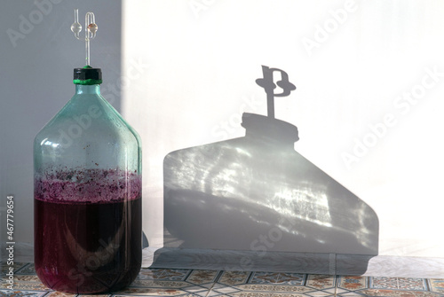 The process of making red homemade wine. A 20 liter glass bottle with a must with an airlock in a cork photo