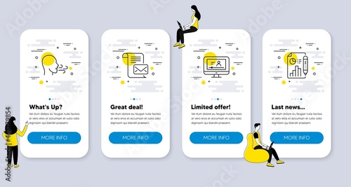 Set of Education icons, such as Mail letter, Breathing exercise, Online video icons. UI phone app screens with people. Report document line symbols. Read e-mail, Breath, Video exam. Vector