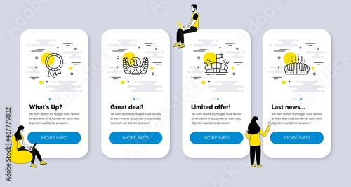 Vector Set of Sports icons related to Laureate award, Arena and Success icons. UI phone app screens with people. Arena stadium line symbols. Prize, Sport stadium, Award reward. Vector