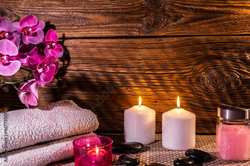 Spa  zen basalt stones  towels  candles in the massage room.
