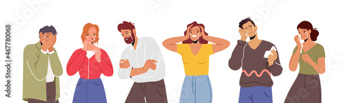 Sad People Crying, Feel Grief. Desperate Male and Female Characters Waist-high Close Face with Hands, Wipe Tears