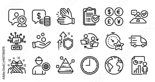 Wallpaper Mural Teamwork process, Time and Donation money line icons set. Secure shield and Money currency exchange. Truck delivery, Video conference and Vip timer icons. Vector Torontodigital.ca