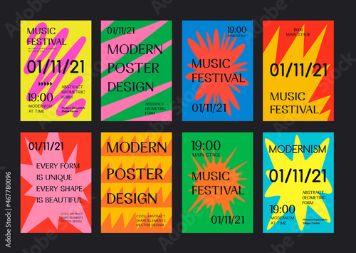 Set Of Abstract Geometric Posters. Music Festival Placards. Postmodern Covers.