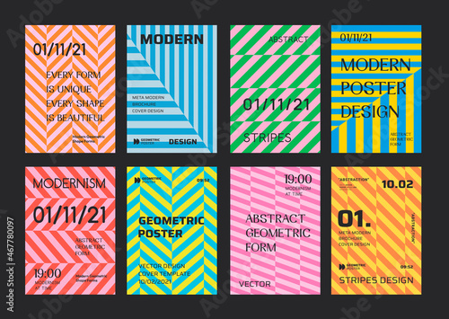 Set Of Minimal Stripped Geometric Patter Covers. Collection Of Abstract Swiss Design Posters.