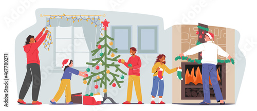 Happy Family Decorating Room for Christmas. Mother Decorate Window with Garland, Little Children Hang Toys on Fir Tree