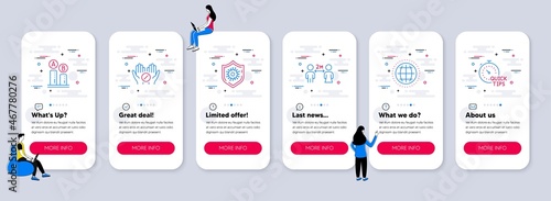 Set of Science icons, such as Coronavirus protection, Social distancing, Globe icons. UI phone app screens with teamwork. Medical tablet, Ab testing, Quick tips line symbols. Vector