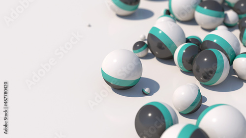 Group of white, green, gray balls. Abstract illustration, 3d render, close-up.