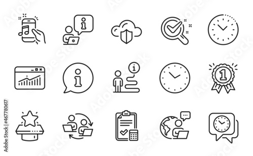 Education icons set. Included icon as Teamwork process  Chemistry lab  Outsource work signs. Music phone  Website statistics  Reward symbols. Time  Accounting checklist  Time management. Vector