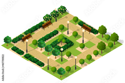City quarter top view landscape isometric 3D illustration with trees with park