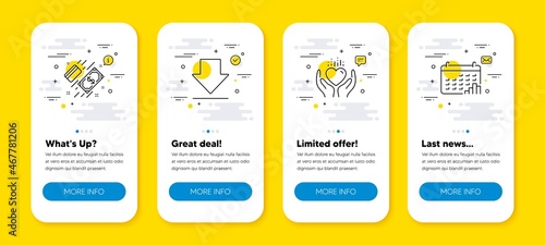 Vector set of Hold heart, Downloading and Payment line icons set. UI phone app screens with line icons. Calendar graph icon. Care love, Load information, Money. Annual report. Phone UI banners. Vector