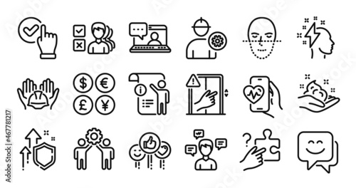 Like, Manual doc and Dont touch line icons set. Secure shield and Money currency exchange. Opinion, Skin care and Brainstorming icons. Cardio training, Smile face and Checkbox signs. Vector