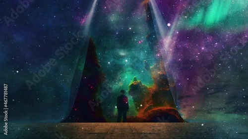 Man reveal galaxy. Surreal landscape