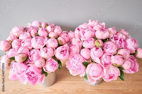 Fototapeta Naklejka Na Ścianę i Meble -  Pink Angel Cheeks peonies in a metal vase. Beautiful peony flower for catalog or online store. Floral shop concept . Beautiful fresh cut bouquet. Flowers delivery