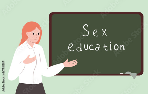 The teacher teaches a sex education lesson at school. A young woman in glasses and a white blouse tells the topic of the lesson to her students. Flat vector illustration