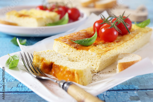 Omelet cake with cherry tomatoes for healthy breakfast