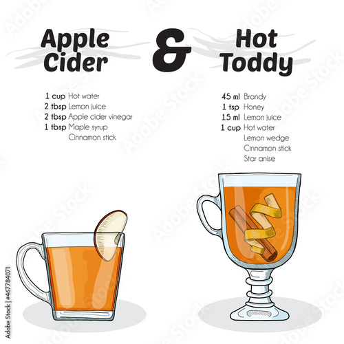 Hand Drawn Colorful Apple Cider and Hot Toddy Cocktail Drink Ingredients Recipe