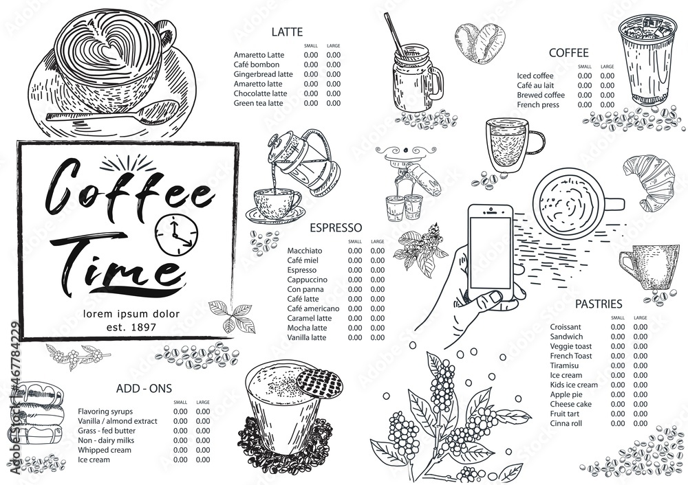Restaurant cafe menu, template design. Decorative sketch of cup of coffee. Food flyer.