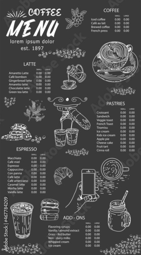Restaurant cafe menu, template design. Decorative sketch of cup of coffee. Food flyer.