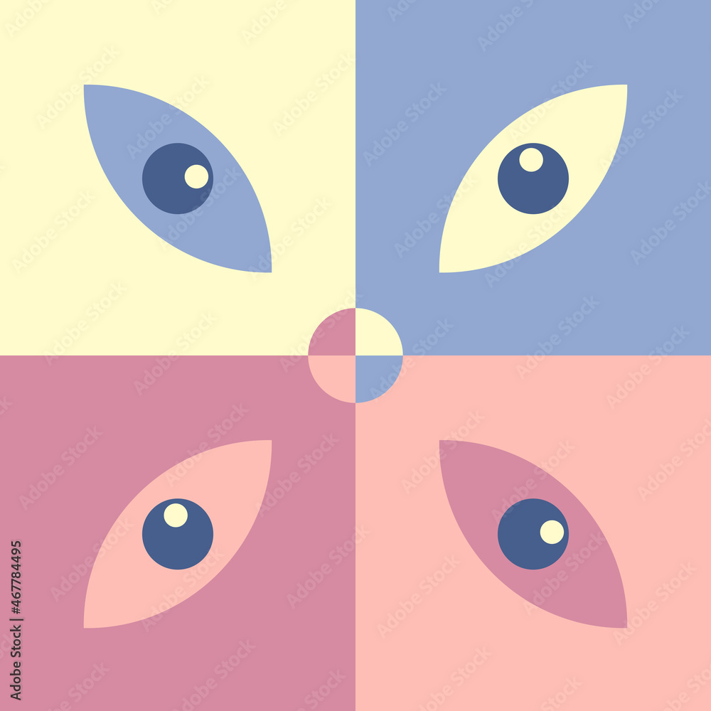 symmetrically placed eyes in squares in pastel colors