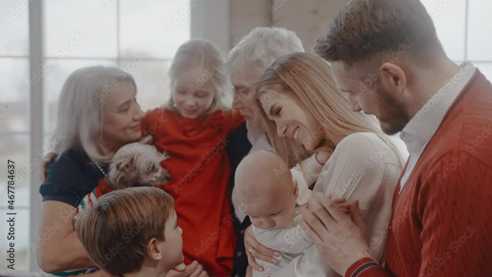 Family with kids and grandparents dressed up for Christmas Eve hugging and smiling. Family dressing up for Christmas celebration. Dog in Christmas clothes. High quality 4k footage Family with kids and grandparents dressed up for Christmas Eve hugging and smiling. Family dressing up for Christmas celebration. Dog in Christmas clothes. High quality 4k footage