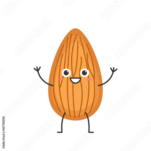 Almond nut cute cartoon character hand greeting smiling face happy emotions beautiful vector illustration.