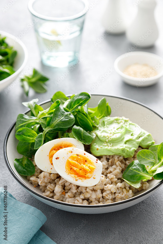 Pearl barley bowl with soft-boiled egg and corn salad Pearl barley bowl with soft-boiled egg and corn salad