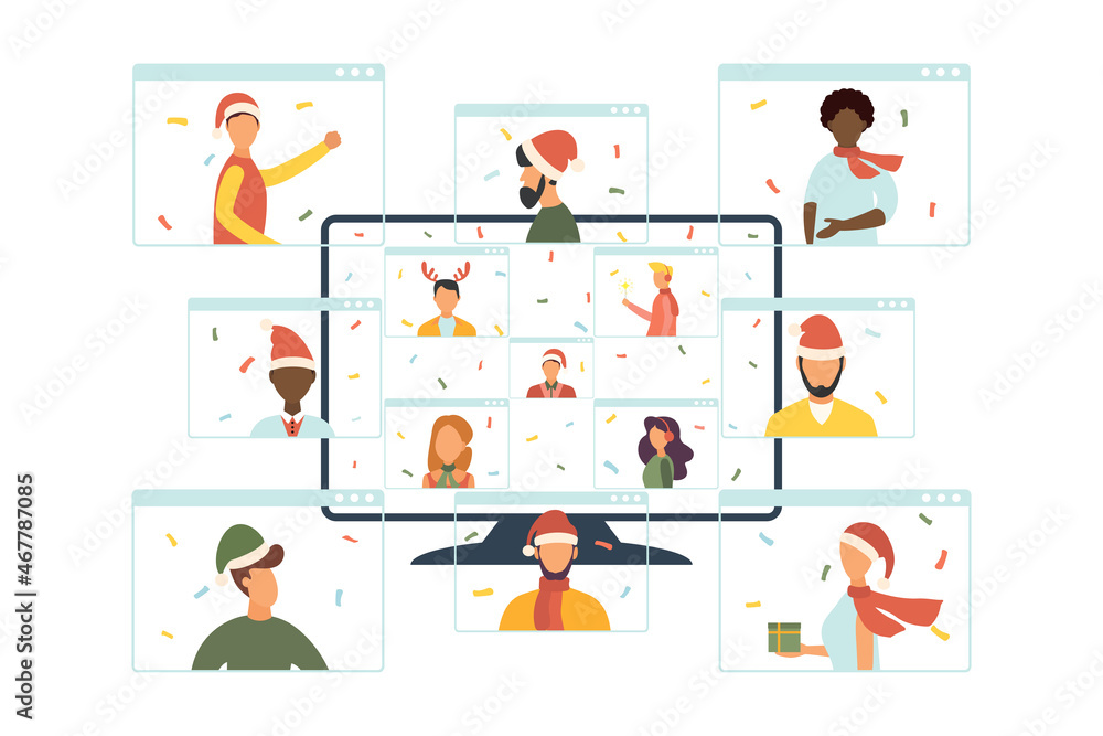Internet party, meeting with friends. People celebrate Christmas and New Year together in quarantine. Vector illustration.