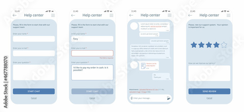 Chat bot window ui for smart phone. Dialog design can be used as a part of support application or website. It has bubbles, forms and rating interface.
