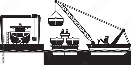 Heavy lift crane carry parts to shipyard – vector illustration