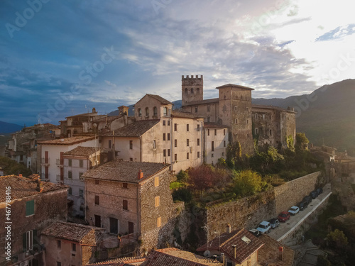 Aerial view at sunset on medieval town of Roviano in Lazio, Italy