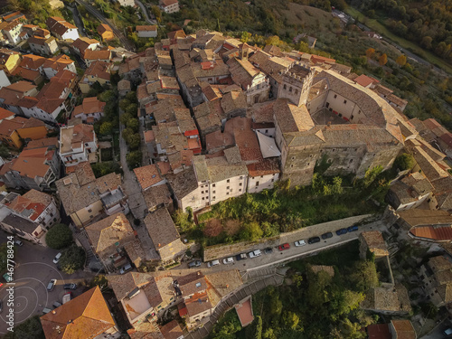 Aerial view at sunset on medieval town of Roviano in Lazio, Italy photo