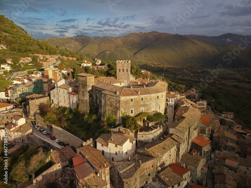 Aerial view at sunset on medieval town of Roviano in Lazio, Italy photo