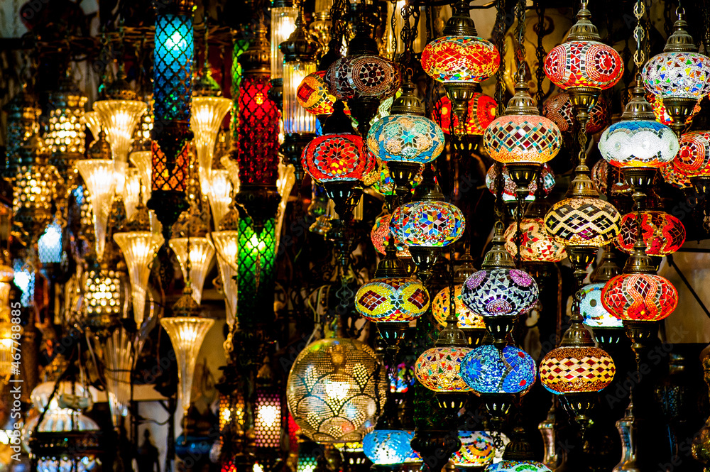 Turkish lanterns, old style lamps sold at Grand Bazar, craftsmanshift, colorfull lamps displayd at sunset