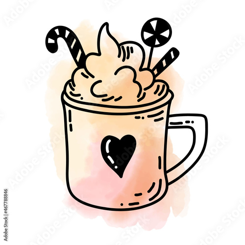 Cup with Hot Cocoa or Chocolate with sweet Cream and candies. Vector illustration of Coffee Mug in doodle style with watercolor spot. element for cafe icon or logo