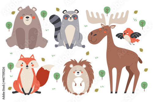 Forest animals characters bear raccoon fox elk bird hedgehog isolated flat cartoon vector set