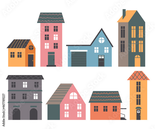 House buildings simple style isolated flat cartoon vector set