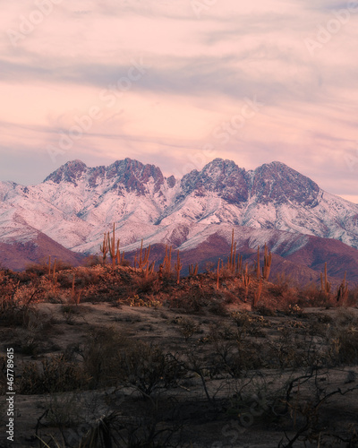 Four Peaks mountain in Arizona covered in snow in the desert winter