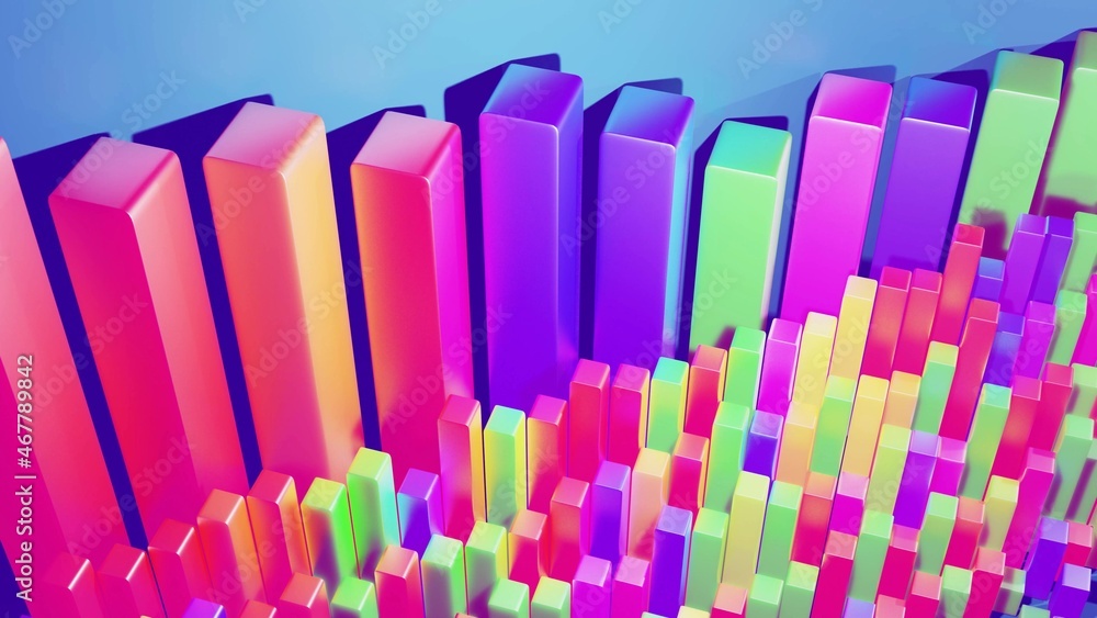 Multi Colored Column 3d render. Abstract infographics from multi-colored columns in rows ...