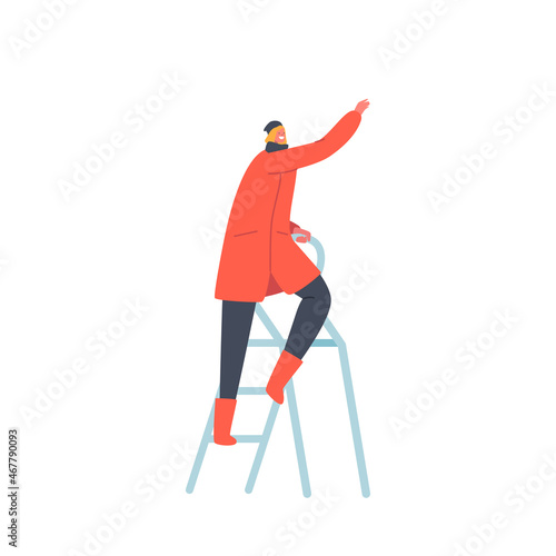 Young Female Character Wear Warm Winter Clothes Stand on Ladder Isolated on White Background. Woman Decorate Xmas Tree
