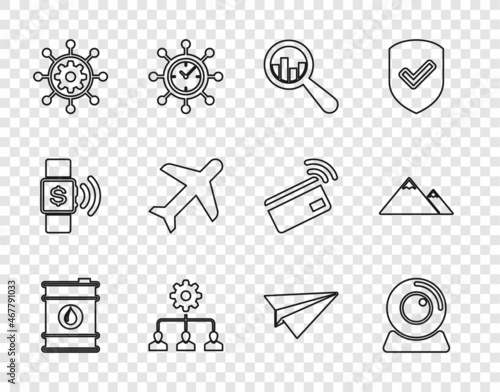 Set line Barrel oil, Web camera, Magnifying glass and analysis, Lead management, Project, Plane, Paper plane and Mountains icon. Vector