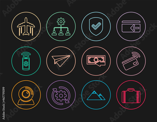 Set line Suitcase for travel, Contactless payment, Shield with check mark, Paper plane, Plane, Cash back and Lead management icon. Vector