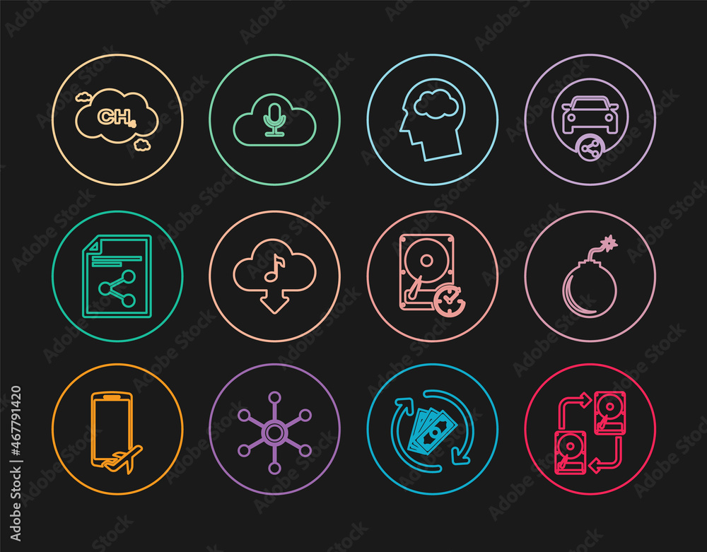 Set line Data exchange with hhd, Head silhouette cloud, Cloud download music, Share file, Methane emissions reduction, Hard disk drive clockwise and Music streaming service icon. Vector Set line Data exchange with hhd, Head silhouette cloud, Cloud download music, Share file, Methane emissions reduction, Hard disk drive clockwise and Music streaming service icon. Vector