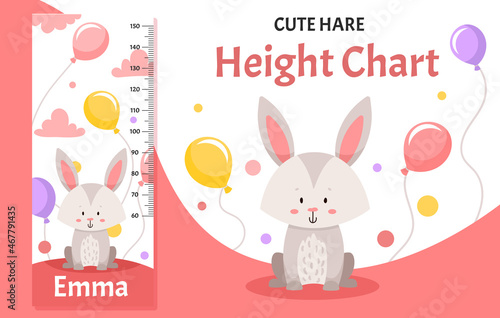 Height chart with cute hare, balloons, clouds and pink background. Children illustration in vector flat style