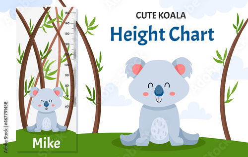 Height chart with cute koala in forest with trees and clouds. Children illustration in vector flat style