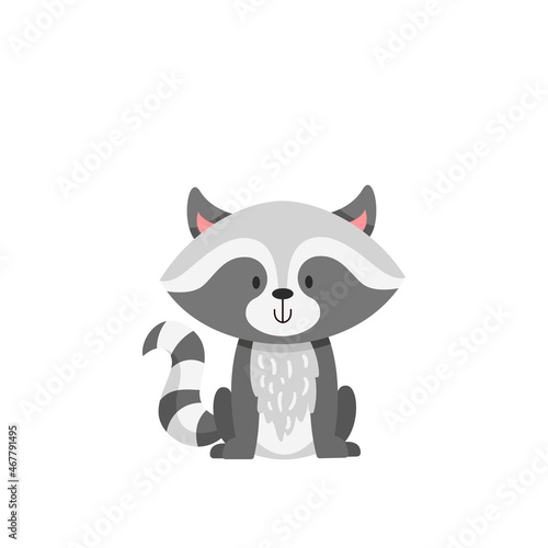 Cute Baby Raccoon in cartoon style. Children illustration in flat cartoon vector isolated on white background