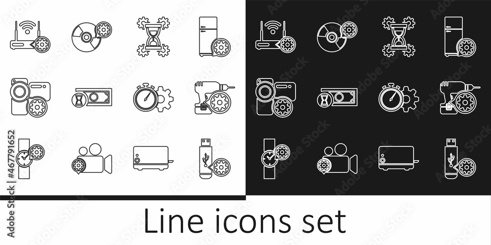 Set line USB flash drive setting, Drill machine, Hourglass, Fast payments, Video camera, Router and wi-fi, Time management and CD or DVD disk icon. Vector Set line USB flash drive setting, Drill machine, Hourglass, Fast payments, Video camera, Router and wi-fi, Time management and CD or DVD disk icon. Vector